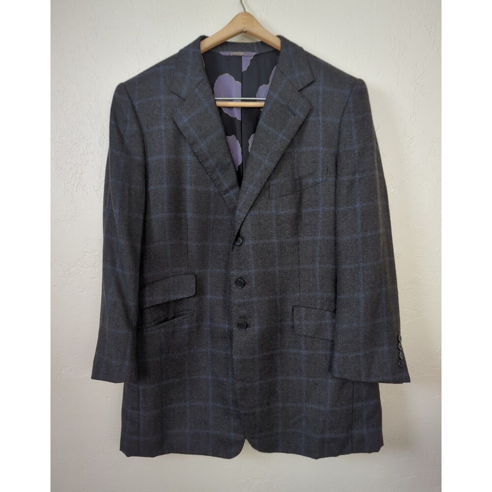 Loro Piana Windowpane Cashmere Blazer Men's 46" L Chest Gray Dbl Vent Jacket